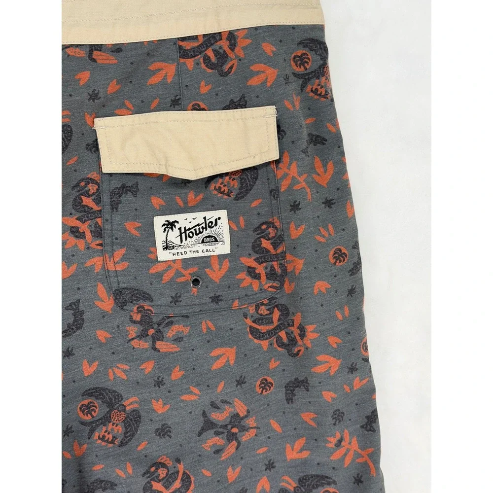 Howler Bros Men 40 Gray Orange Tropical Snake Print Board Shorts Swim Trunks